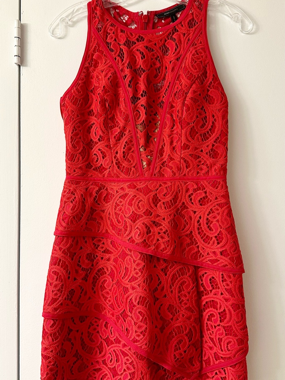 BCBGMaxAzria Red Lace Tiered Sleeveless Mini Dress